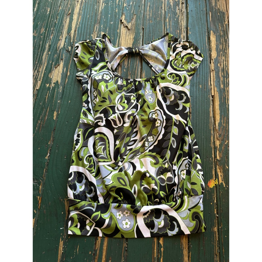Green Paisley Floral Bubble Hem Top Cap Sleeve Bow Back Blouse Womens - Picture 1 of 6